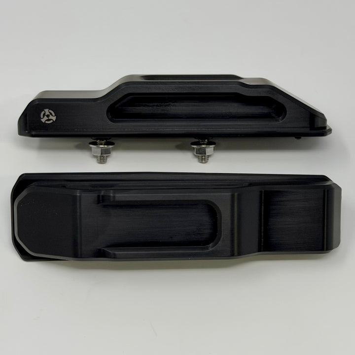 Pair of black anodized billet aluminum hood bumpers with stainless steel hardware for Jeep Wrangler JL and Gladiator JT